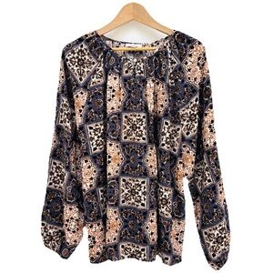 Loft Outlet Floral Medallion Popover Peasant Blouse Boho Blue Gray XL